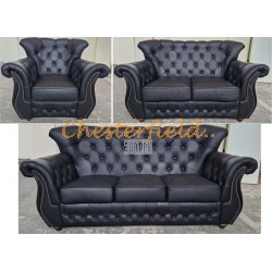 Monk Chesterfield 3+2+1 soffgrupp (K70) svart i färg helt i äkta skinn