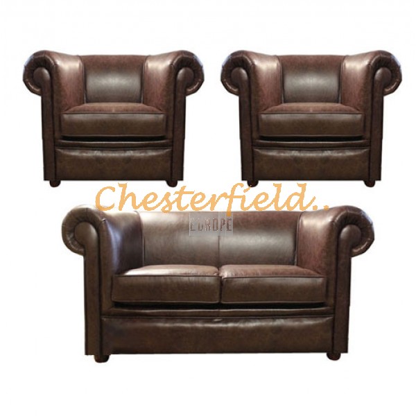 London Chesterfield 2+1+1 soffgrupp antikbrun (A5) i färg helt i äkta skinn