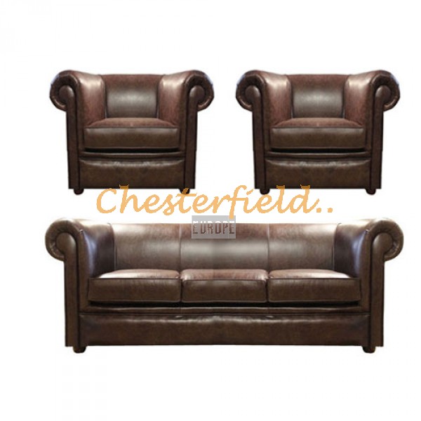 London Chesterfield 3+1+1 soffgrupp antikbrun (A5) i färg helt i äkta skinn